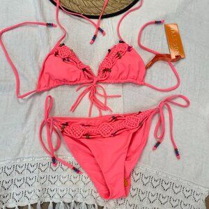 Hale Bob 2 PC Beaded Bikini Swimsuit Set Pink